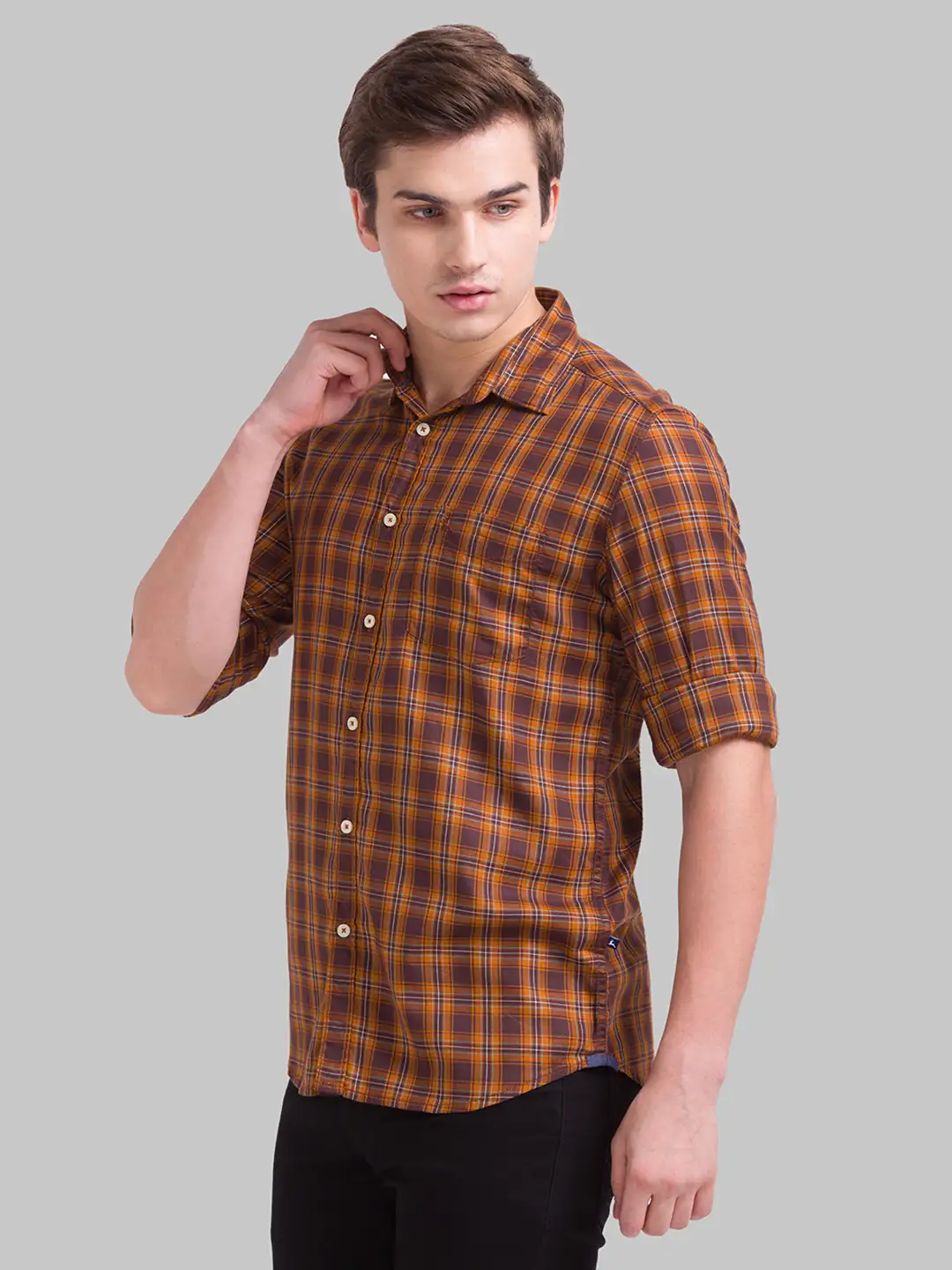 Men Brown Slim Fit Checks Cotton Blend Full Sleeve Shirts - Image 3