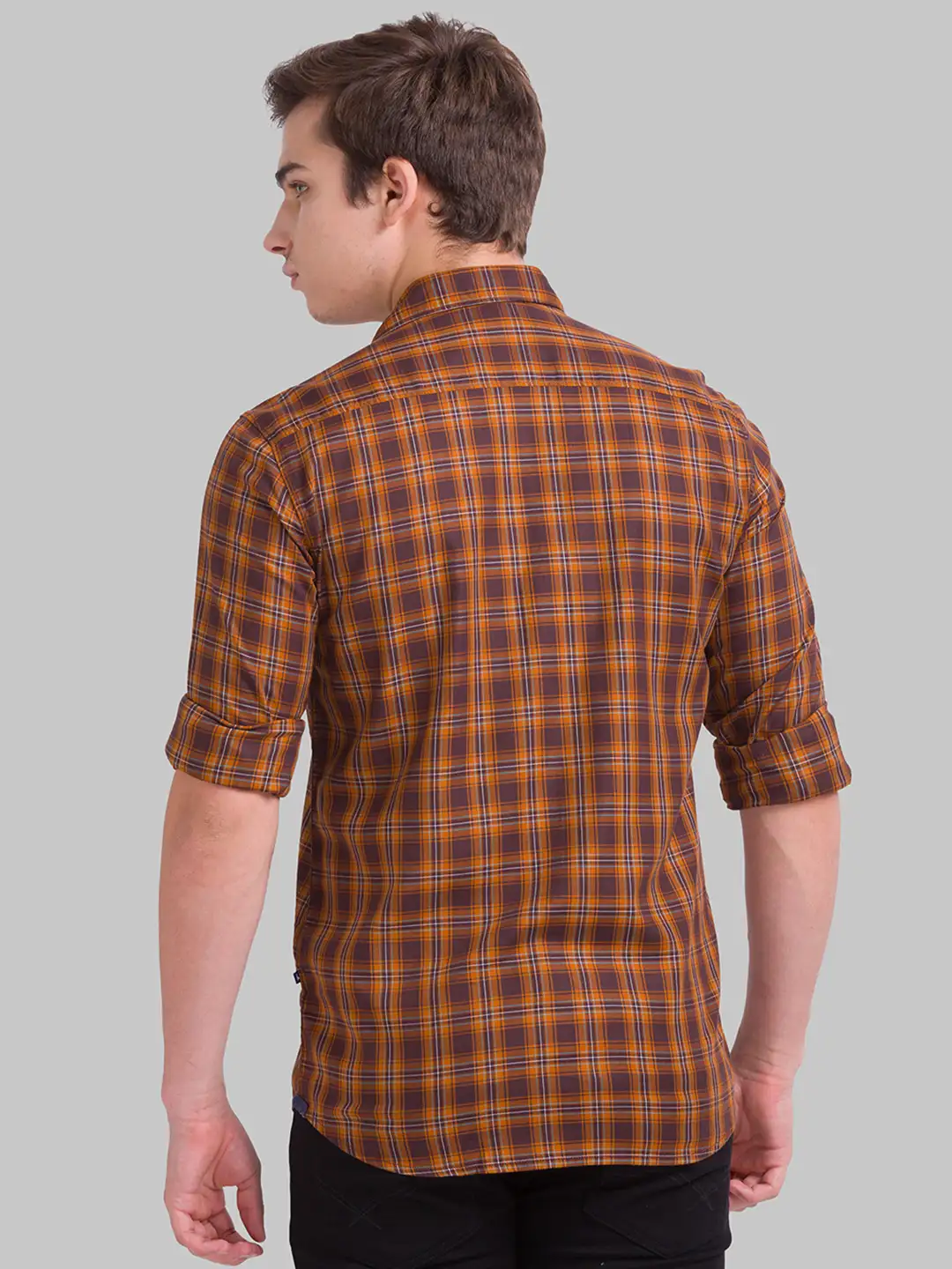 Men Brown Slim Fit Checks Cotton Blend Full Sleeve Shirts - Image 4