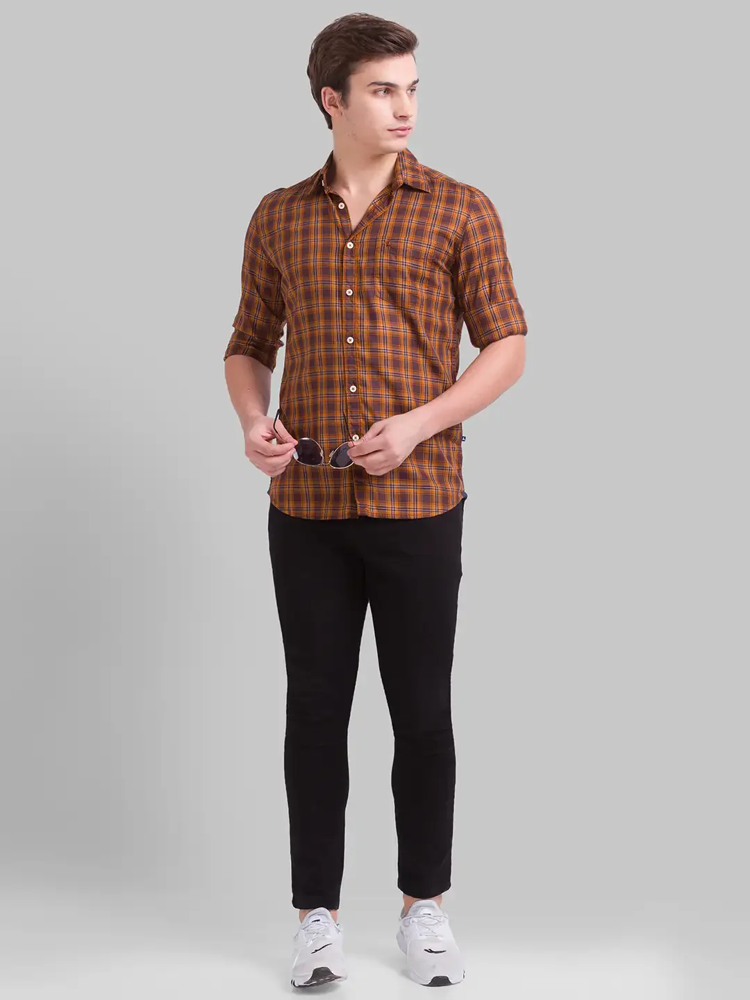 Men Brown Slim Fit Checks Cotton Blend Full Sleeve Shirts - Image 5