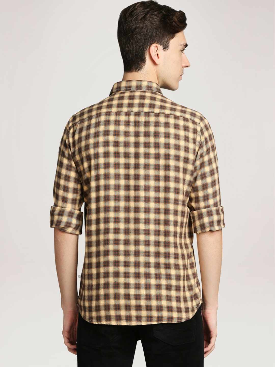 Men Brown Slim Fit Checks Cotton Blend Full Sleeve Shirts - Image 3