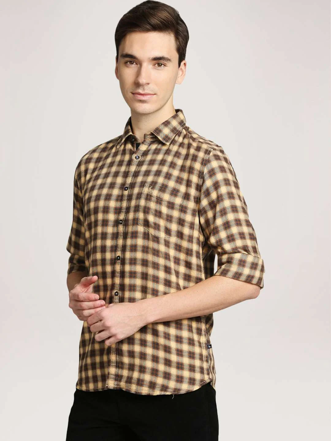 Men Brown Slim Fit Checks Cotton Blend Full Sleeve Shirts - Image 4