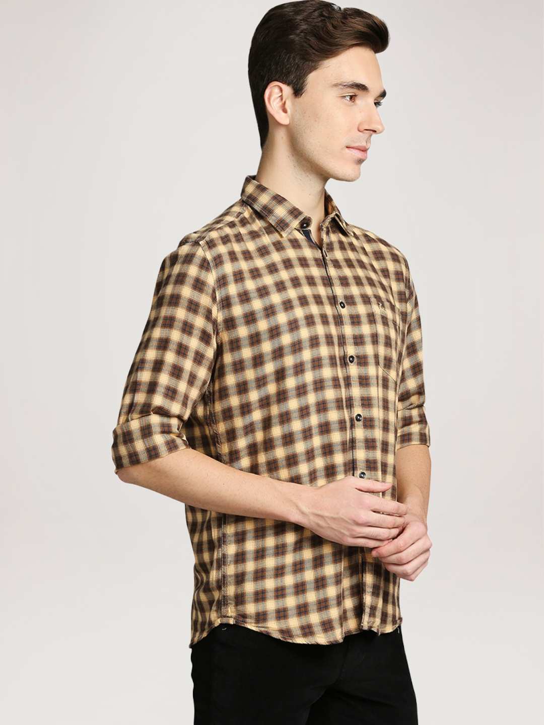 Men Brown Slim Fit Checks Cotton Blend Full Sleeve Shirts - Image 5