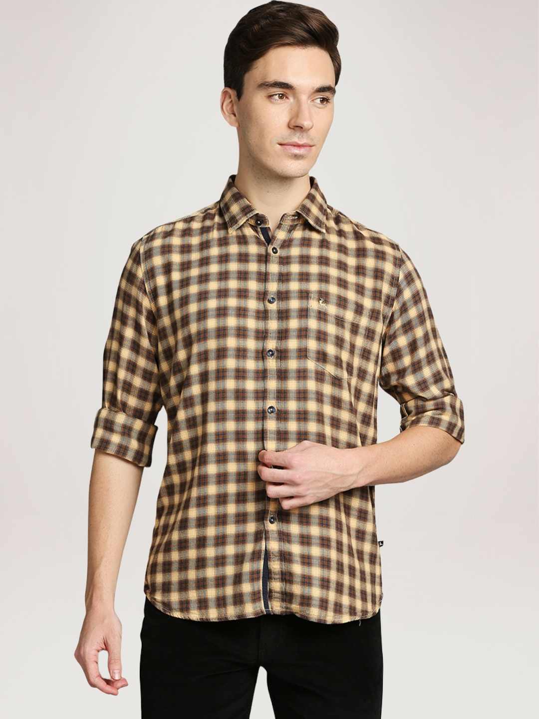 Men Brown Slim Fit Checks Cotton Blend Full Sleeve Shirts - Image 6