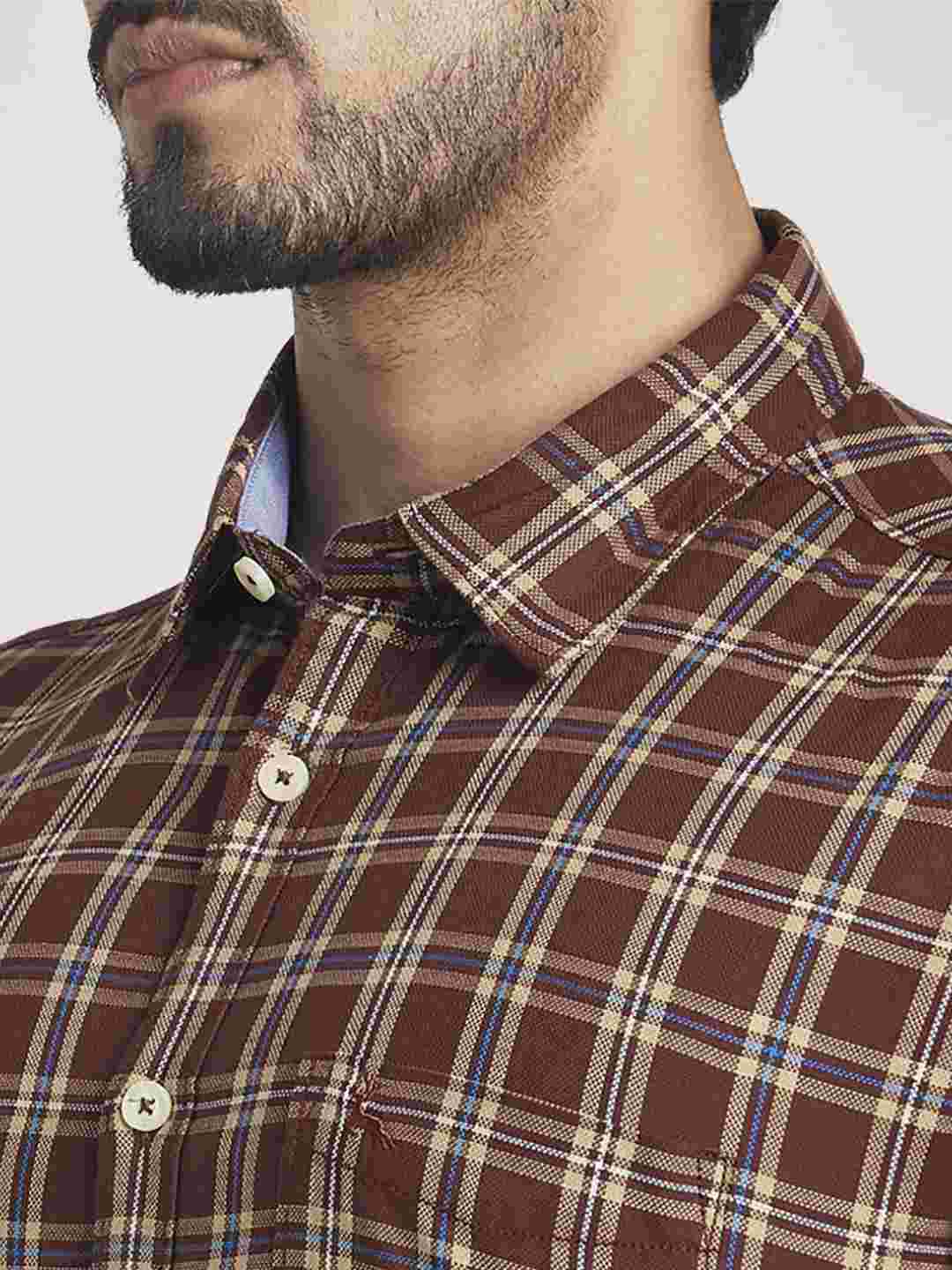Men Brown Slim Fit Checks Cotton Full Sleeve Shirts
