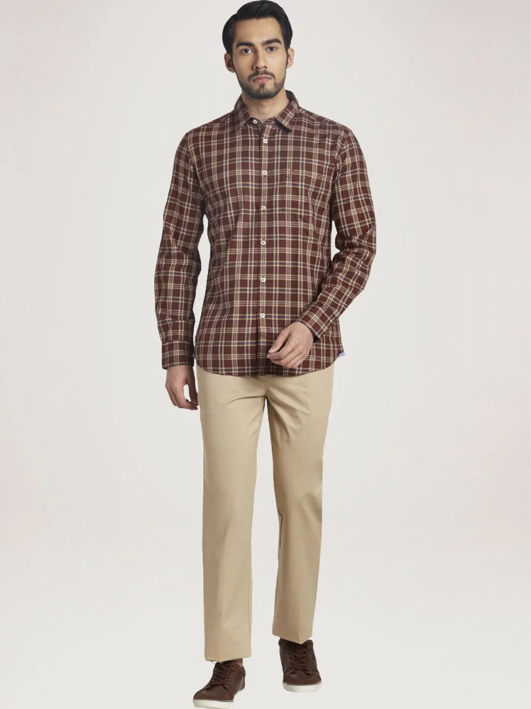 Men Brown Slim Fit Checks Cotton Full Sleeve Shirts - Image 2