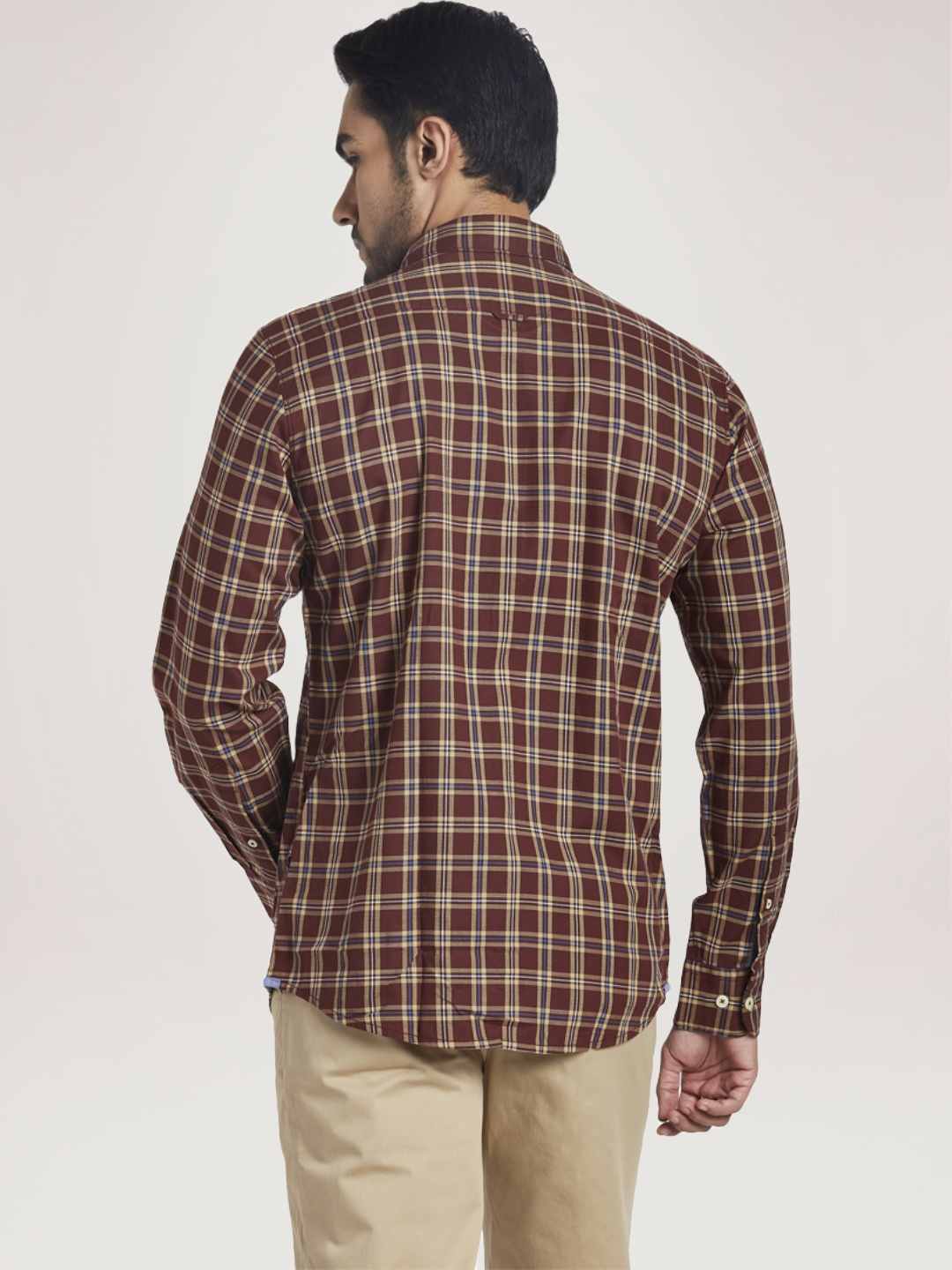 Men Brown Slim Fit Checks Cotton Full Sleeve Shirts - Image 3