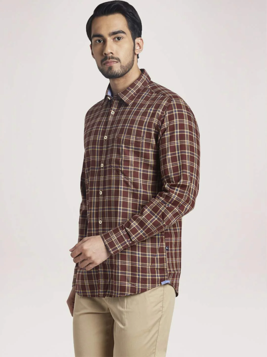 Men Brown Slim Fit Checks Cotton Full Sleeve Shirts - Image 4