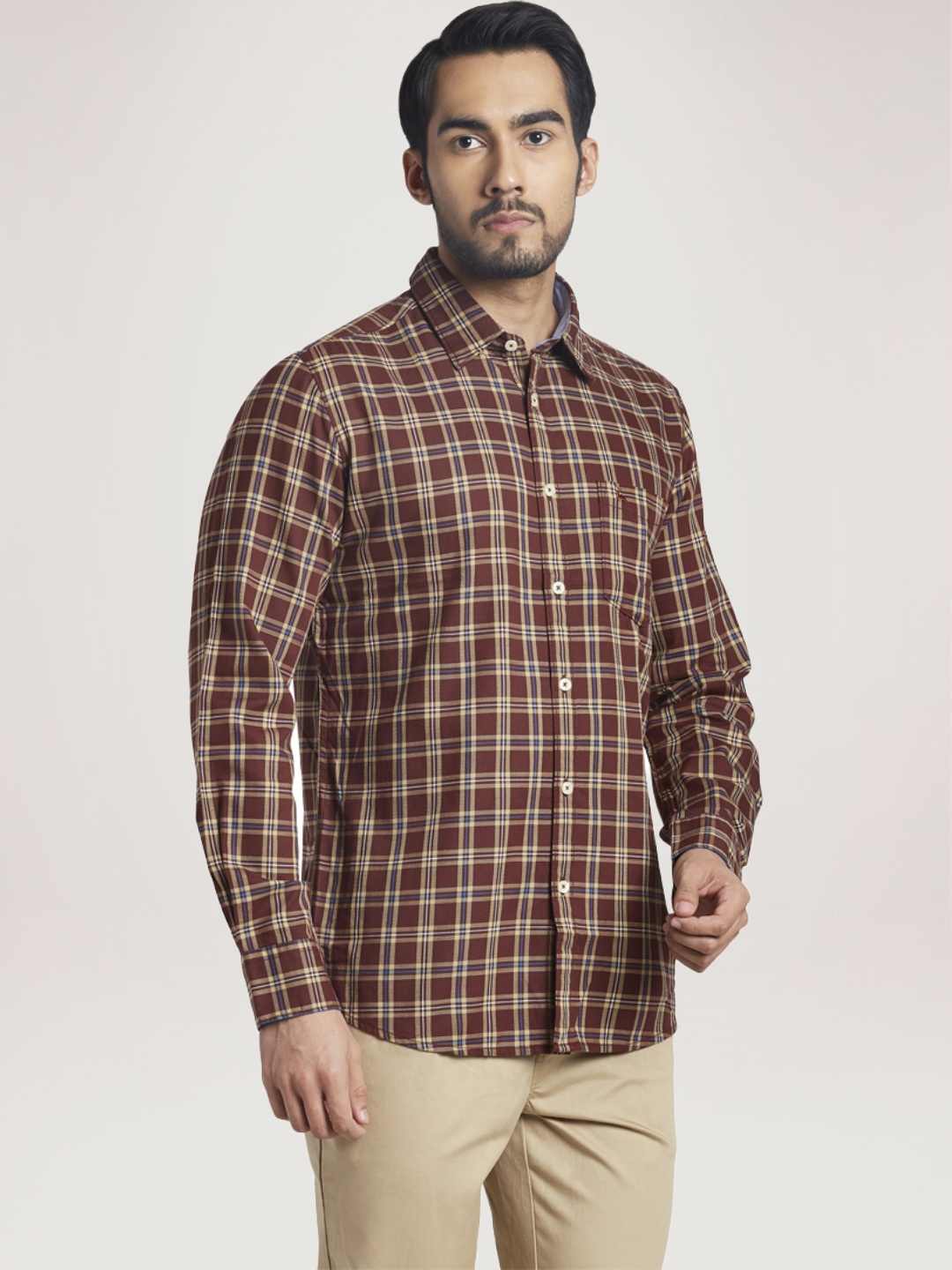 Men Brown Slim Fit Checks Cotton Full Sleeve Shirts - Image 5