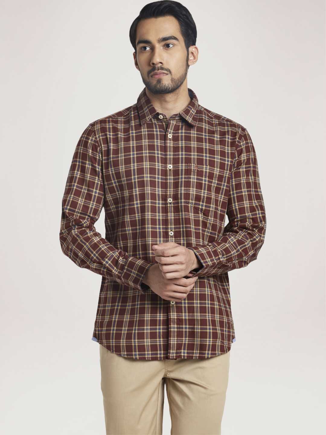Men Brown Slim Fit Checks Cotton Full Sleeve Shirts - Image 6