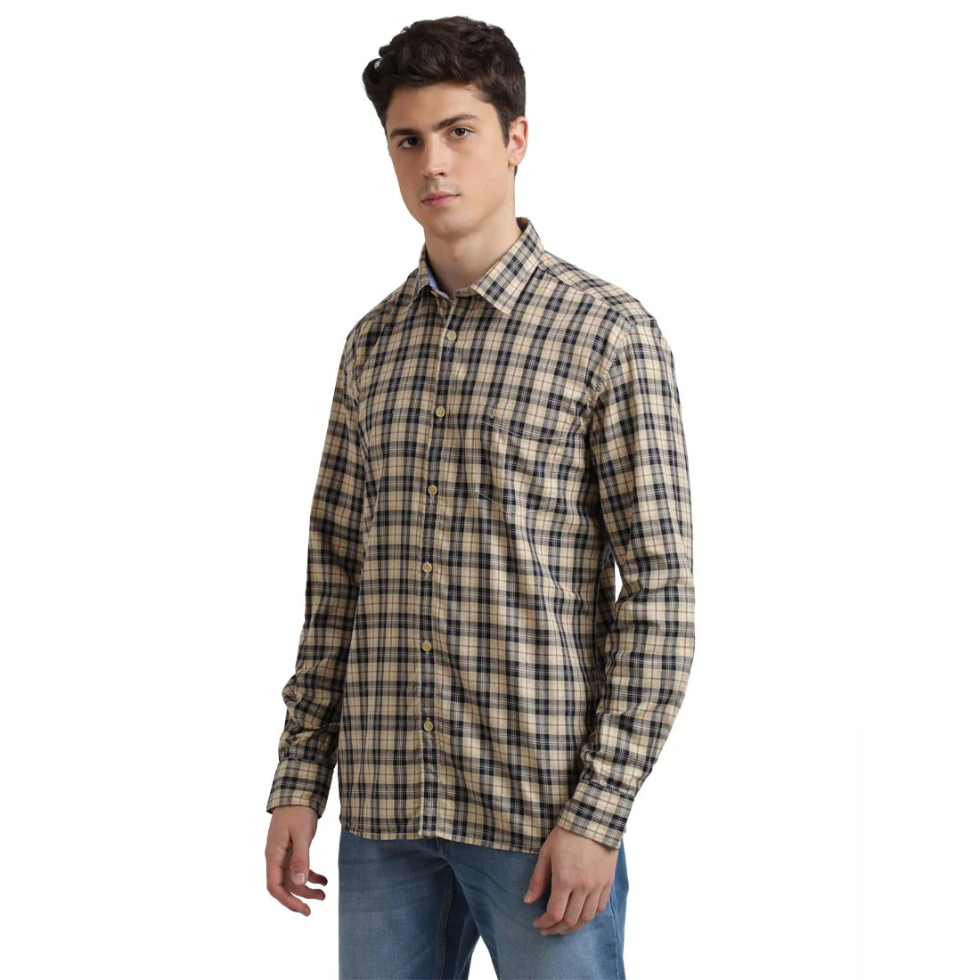 Men Brown Slim Fit Checks Cotton Full Sleeve Shirts - Image 3