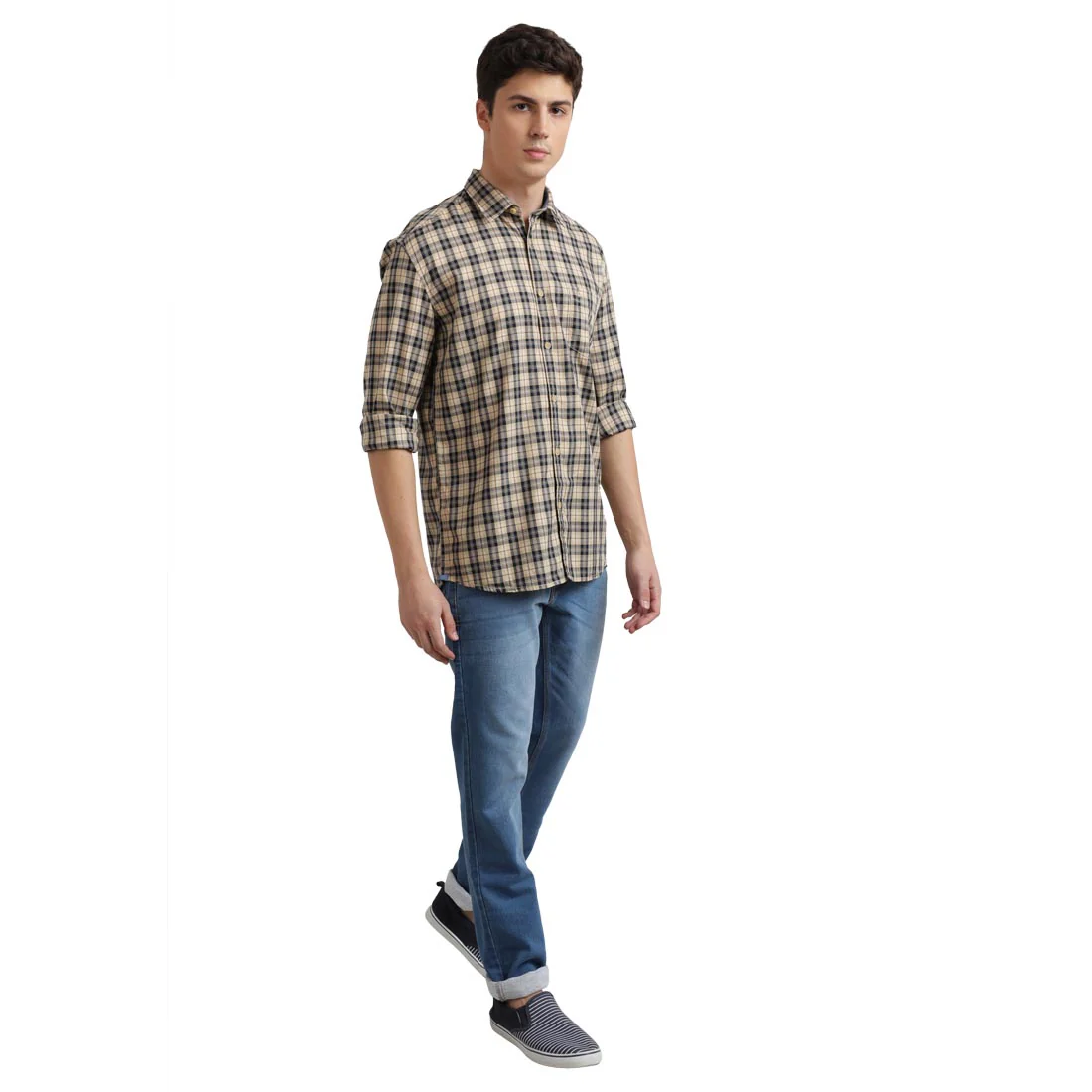 Men Brown Slim Fit Checks Cotton Full Sleeve Shirts - Image 5