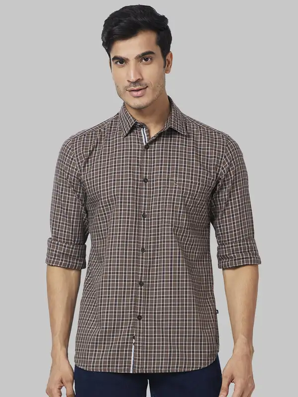 Men Brown Slim Fit Checks Cotton Full Sleeve Shirts