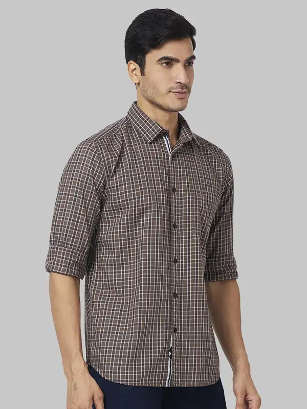 Men Brown Slim Fit Checks Cotton Full Sleeve Shirts - Image 2