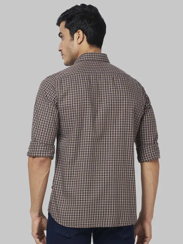 Men Brown Slim Fit Checks Cotton Full Sleeve Shirts - Image 4