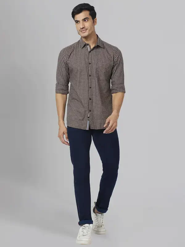 Men Brown Slim Fit Checks Cotton Full Sleeve Shirts - Image 5