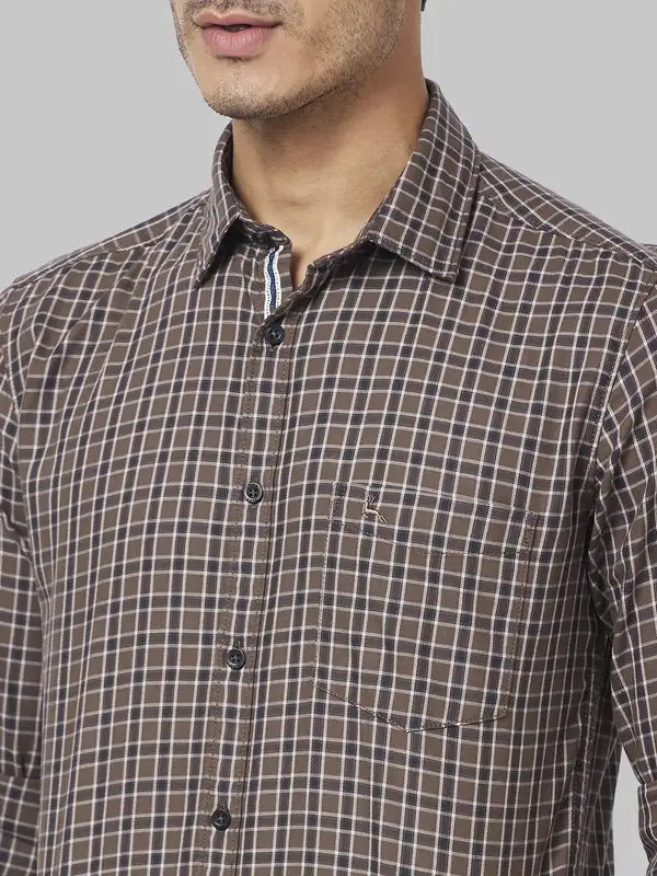 Men Brown Slim Fit Checks Cotton Full Sleeve Shirts - Image 6