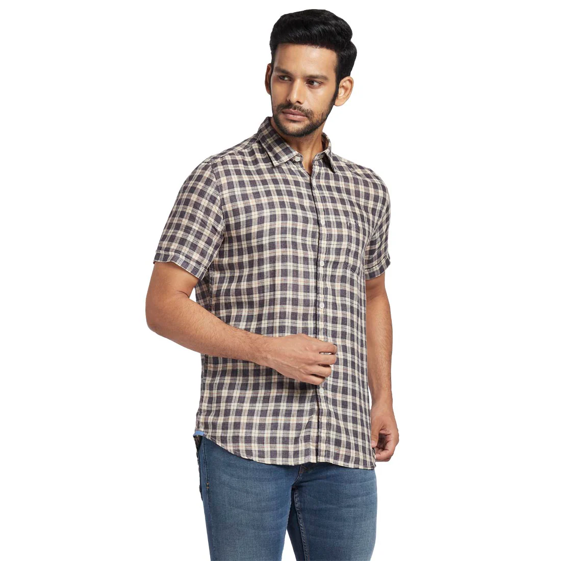 Men Brown Slim Fit Checks Linen Half Sleeve Shirts - Image 2