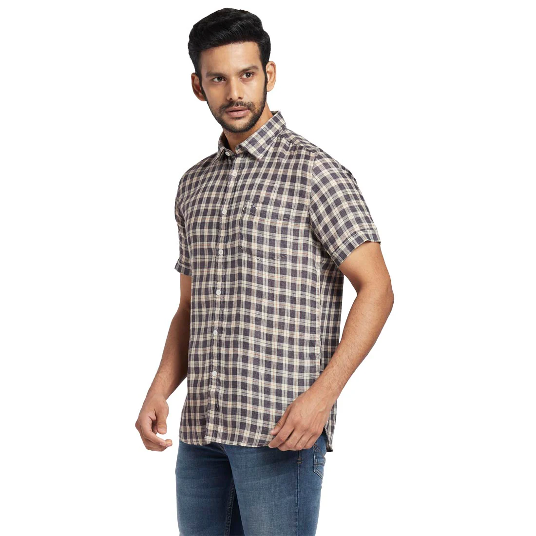Men Brown Slim Fit Checks Linen Half Sleeve Shirts - Image 3