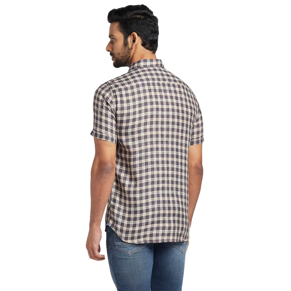 Men Brown Slim Fit Checks Linen Half Sleeve Shirts - Image 4
