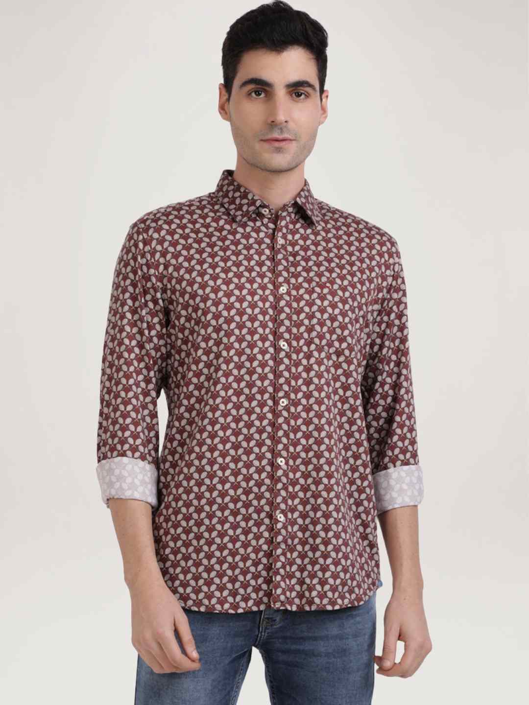 Men Brown Slim Fit Print Cotton Full Sleeve Shirts