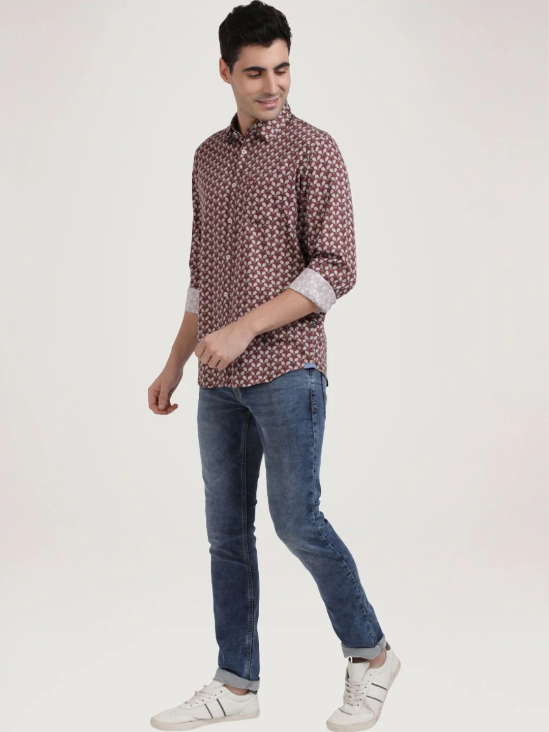 Men Brown Slim Fit Print Cotton Full Sleeve Shirts - Image 3
