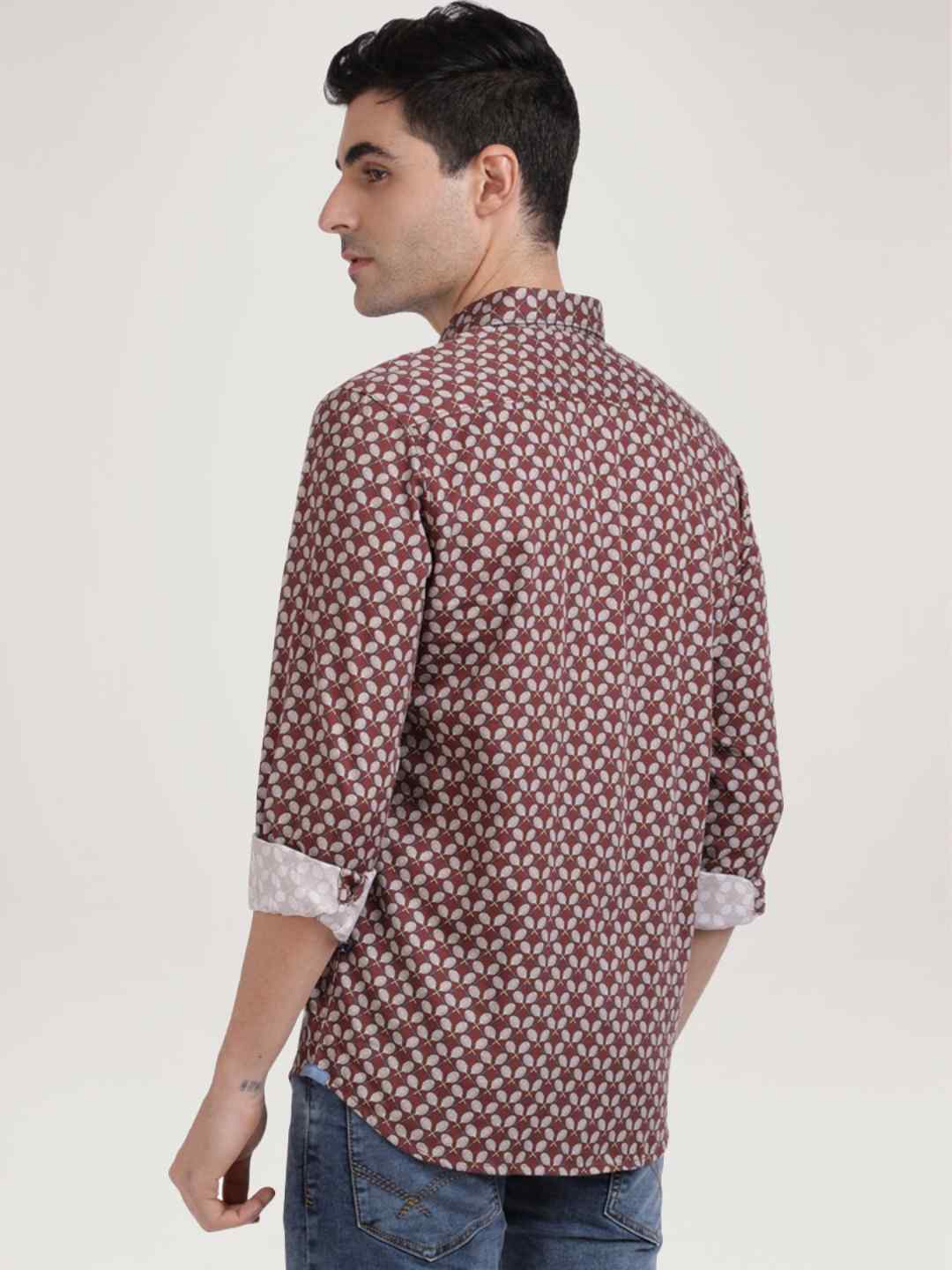 Men Brown Slim Fit Print Cotton Full Sleeve Shirts - Image 4