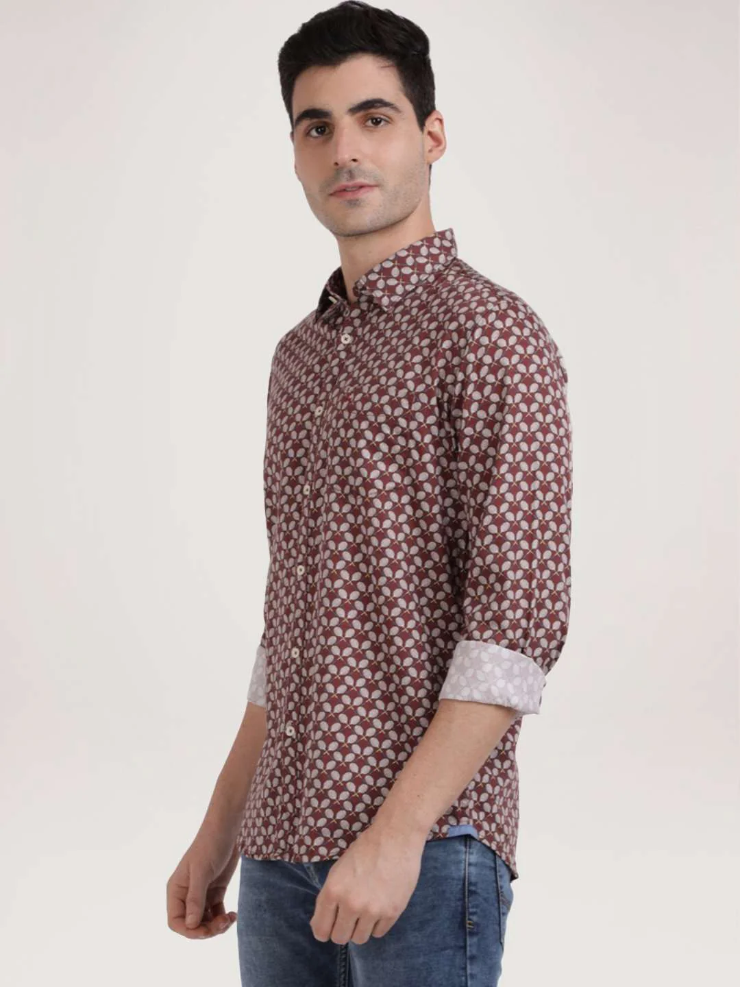 Men Brown Slim Fit Print Cotton Full Sleeve Shirts - Image 5