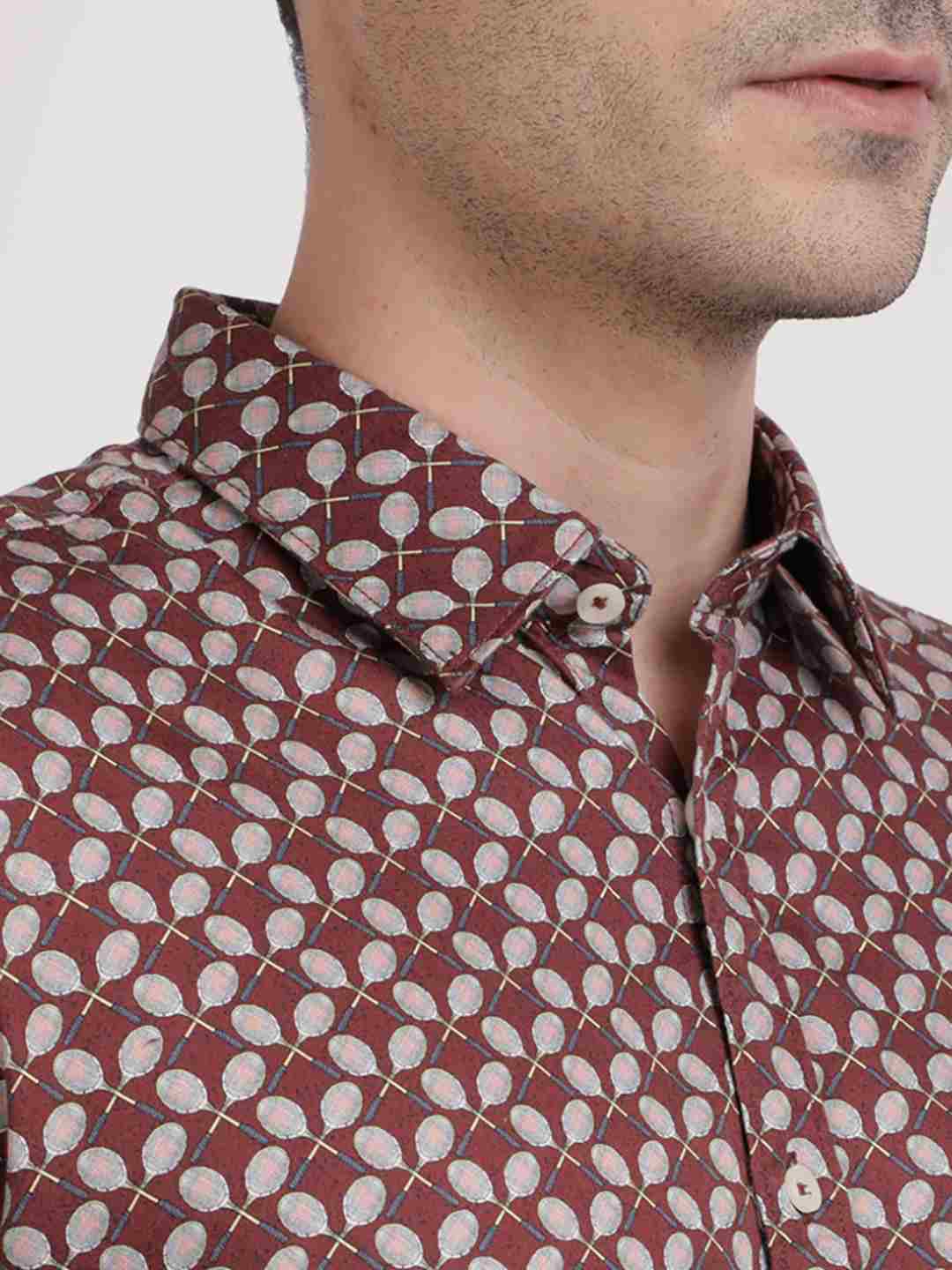 Men Brown Slim Fit Print Cotton Full Sleeve Shirts - Image 6