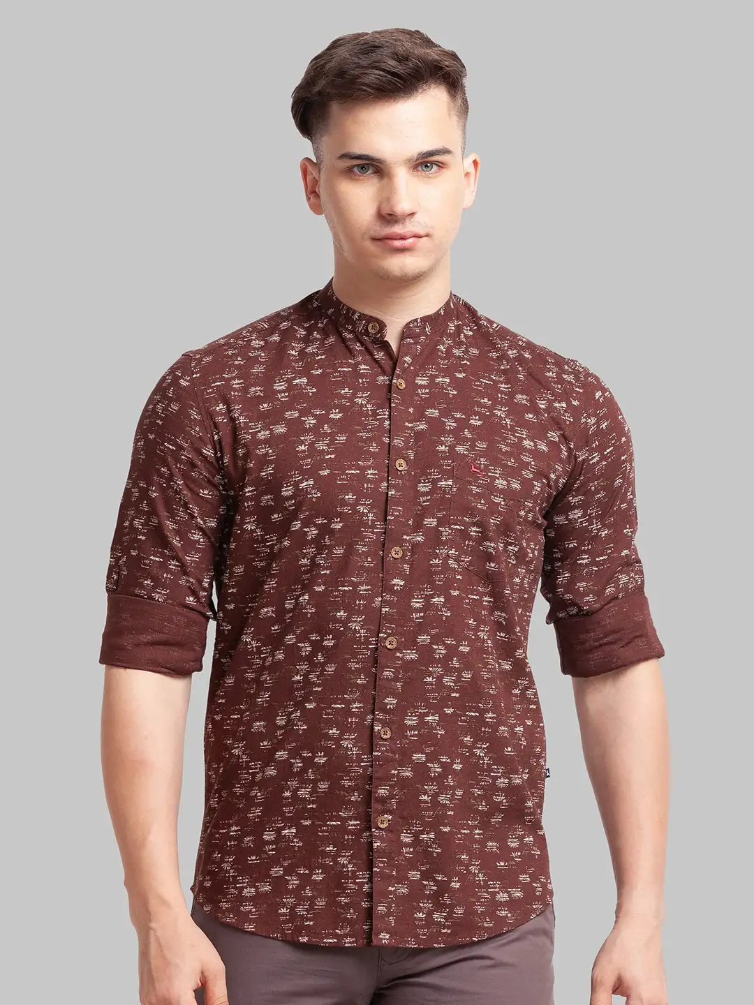 Men Brown Slim Fit Print Cotton Full Sleeve Shirts