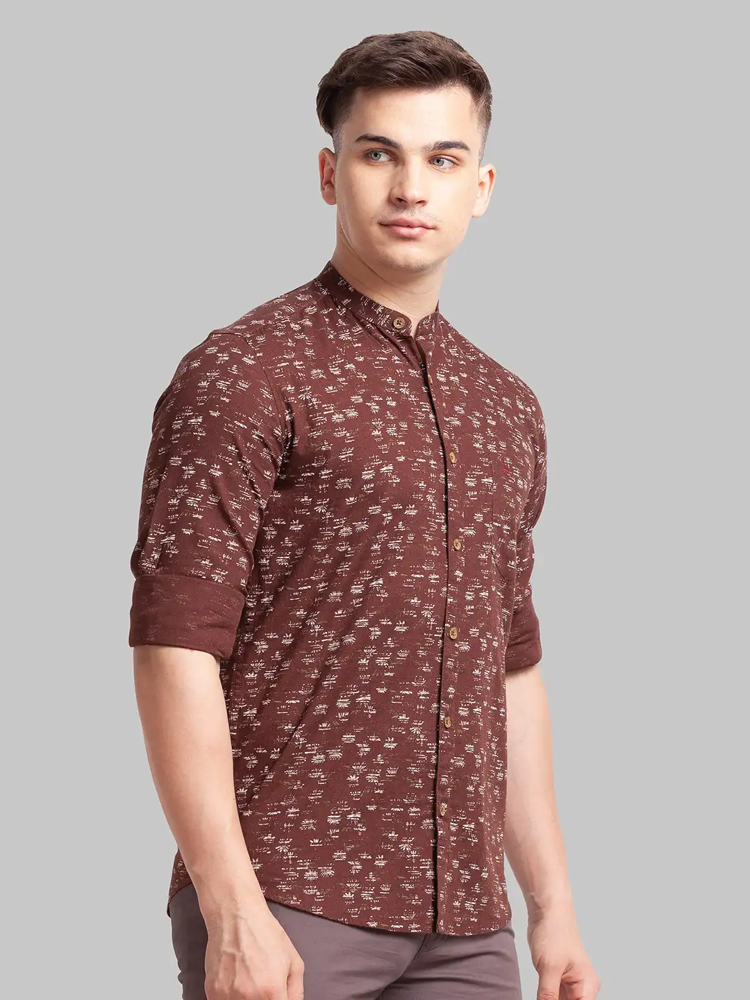 Men Brown Slim Fit Print Cotton Full Sleeve Shirts - Image 2