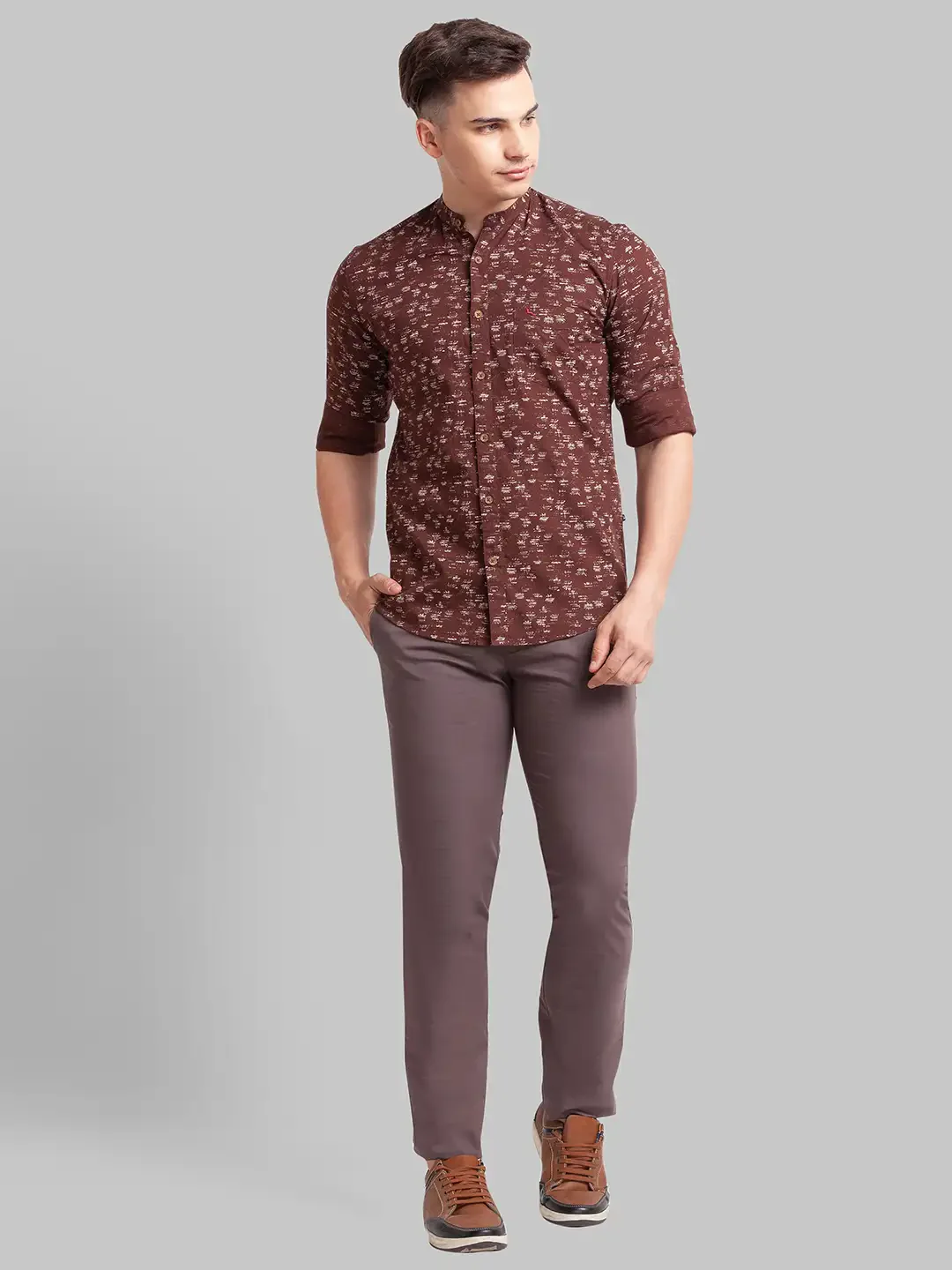 Men Brown Slim Fit Print Cotton Full Sleeve Shirts - Image 5