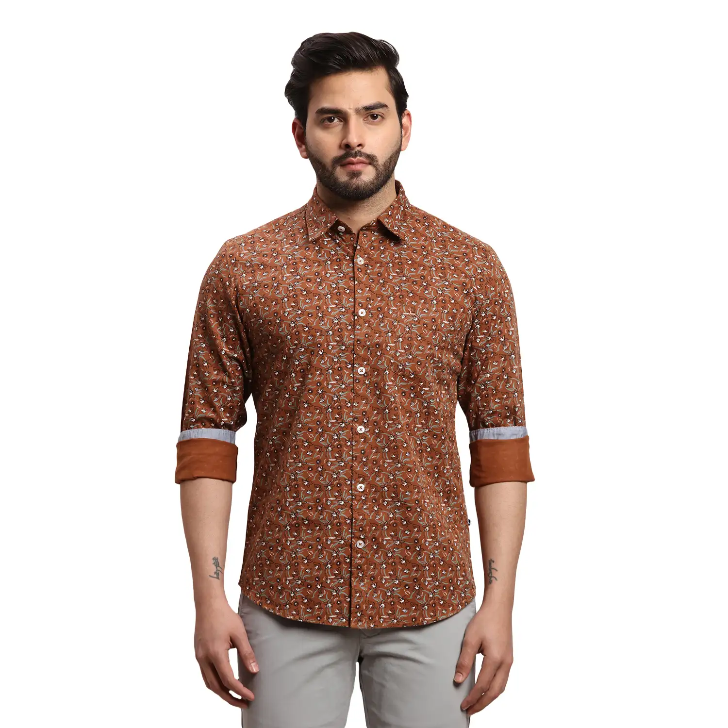 Men Brown Slim Fit Print Cotton Full Sleeves Cutaway Collar Shirts