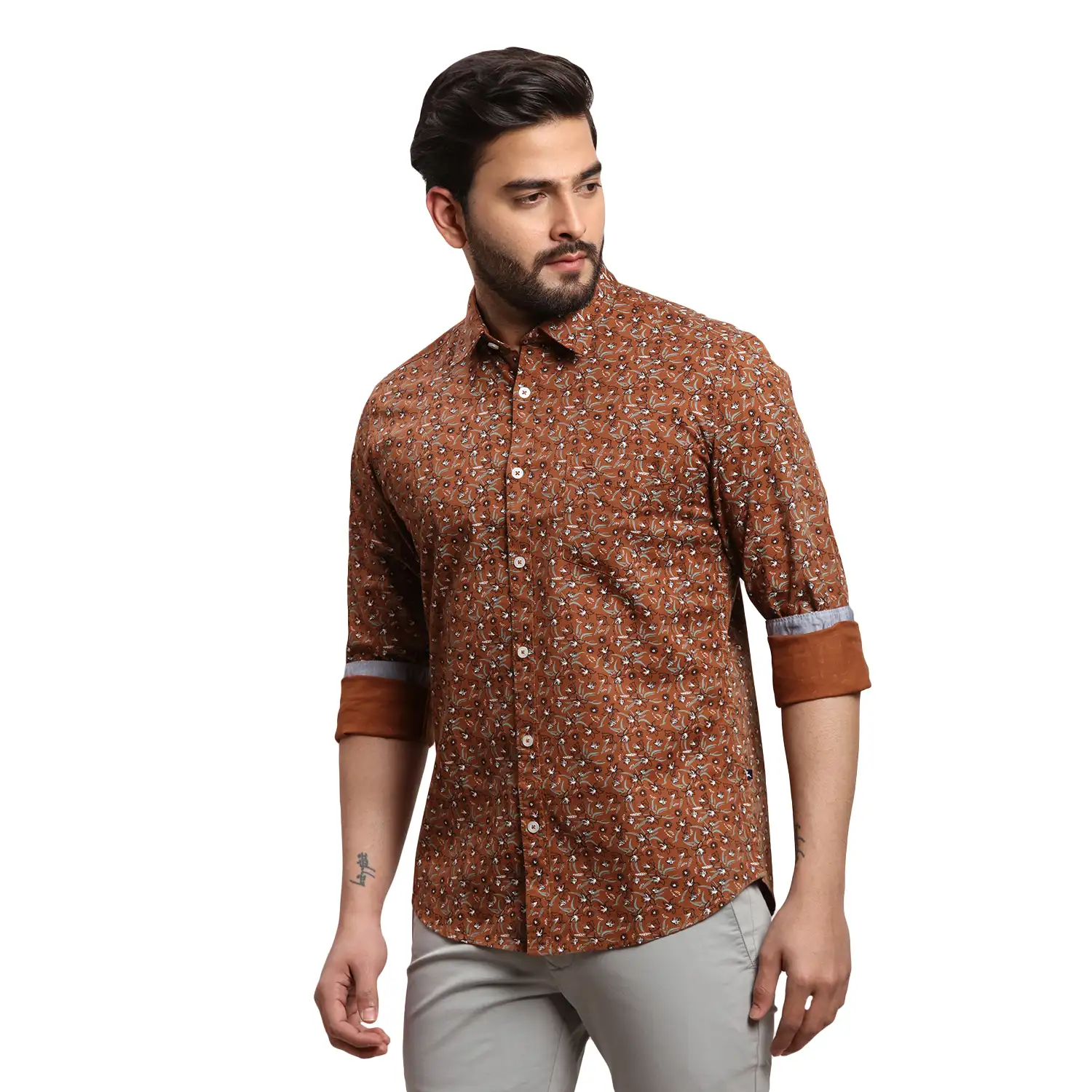 Men Brown Slim Fit Print Cotton Full Sleeves Cutaway Collar Shirts - Image 3