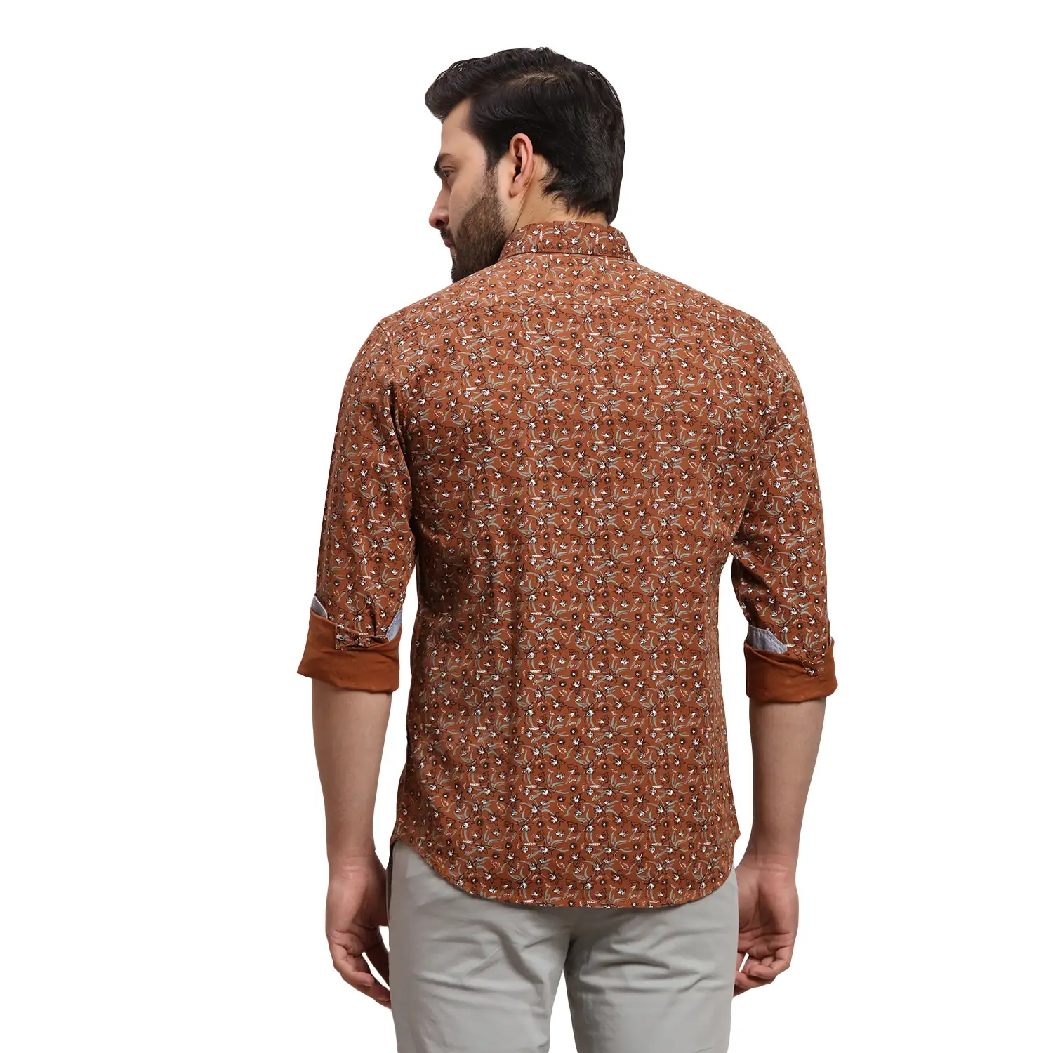 Men Brown Slim Fit Print Cotton Full Sleeves Cutaway Collar Shirts - Image 4