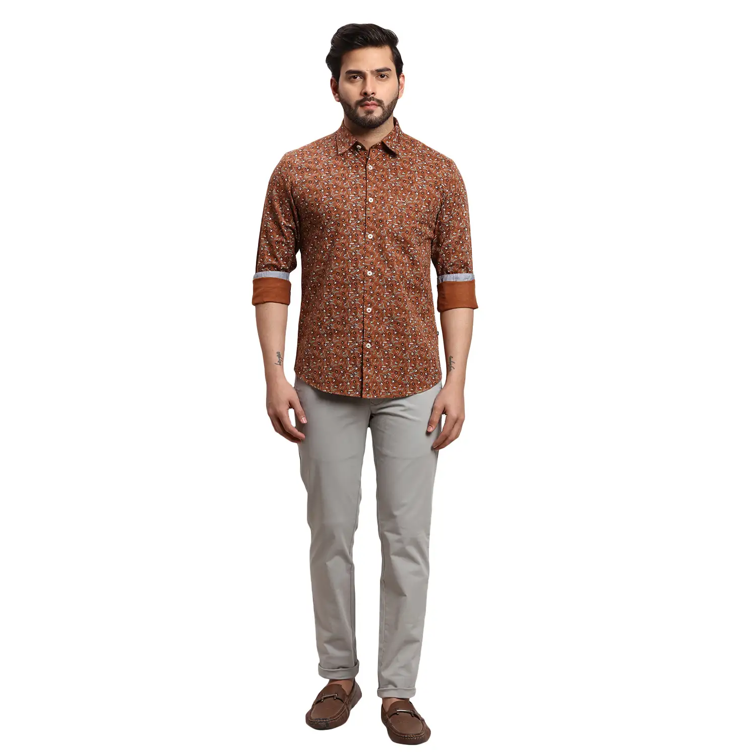 Men Brown Slim Fit Print Cotton Full Sleeves Cutaway Collar Shirts - Image 5