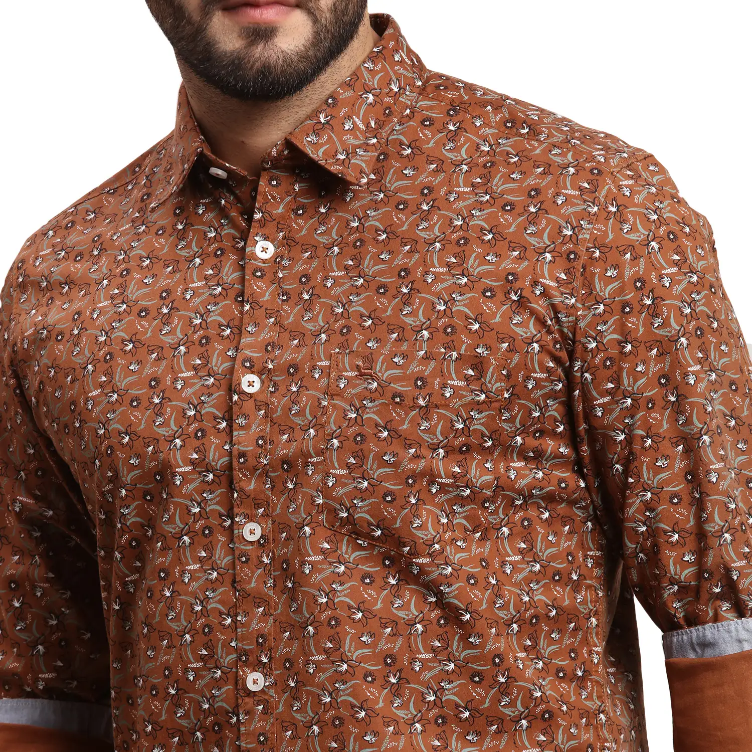 Men Brown Slim Fit Print Cotton Full Sleeves Cutaway Collar Shirts - Image 6