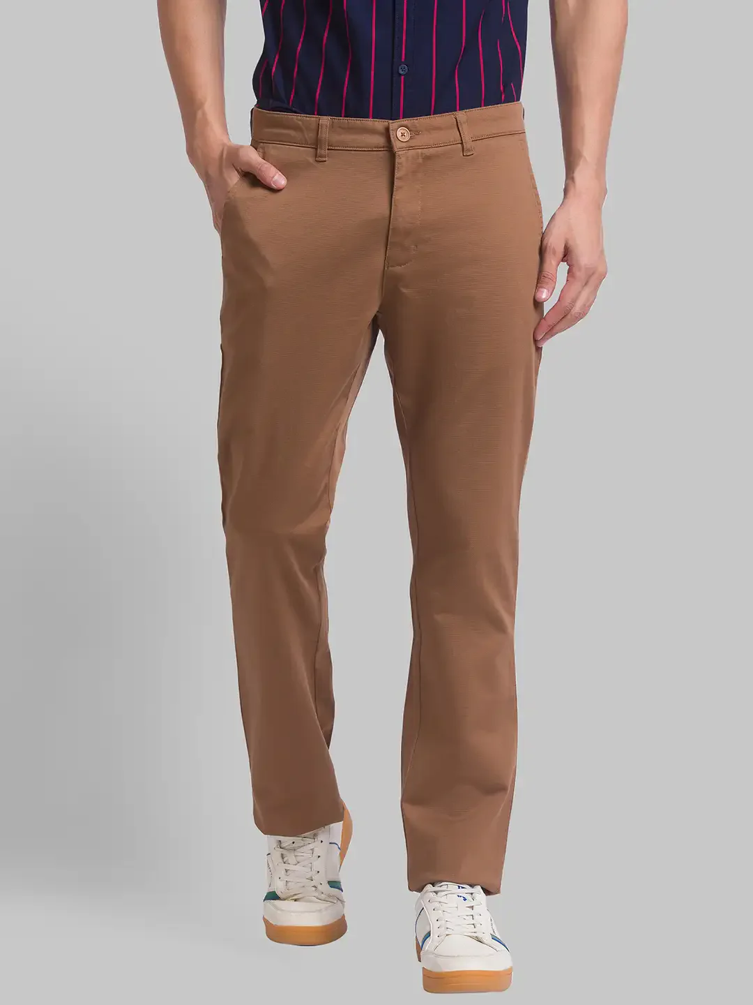 Men Brown Slim Fit Solid Cotton Blend Trouser