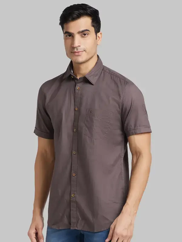 Men Brown Slim Fit Solid Cotton Half Sleeve Shirts - Image 3