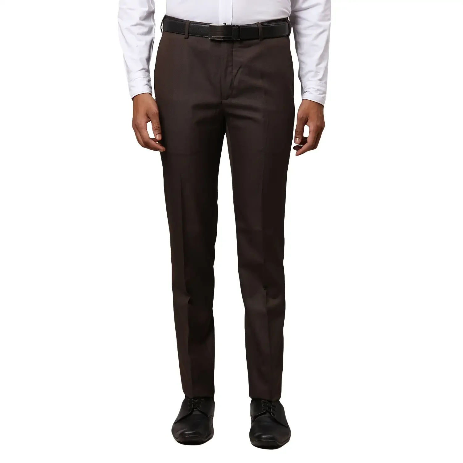 Men Brown Slim Fit Structure Polyester Blend Trouser