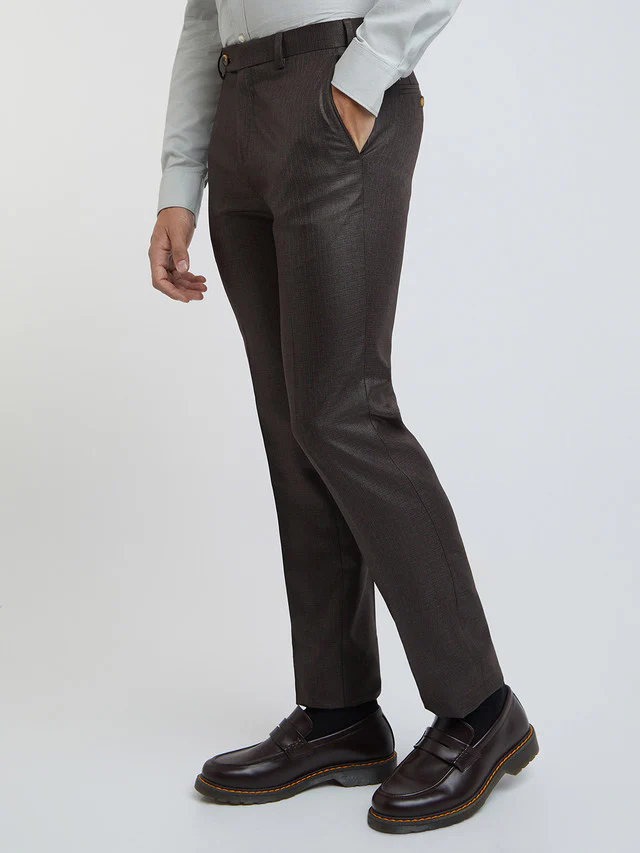 Men Brown Slim Fit Structure Polyester Trouser - Image 3