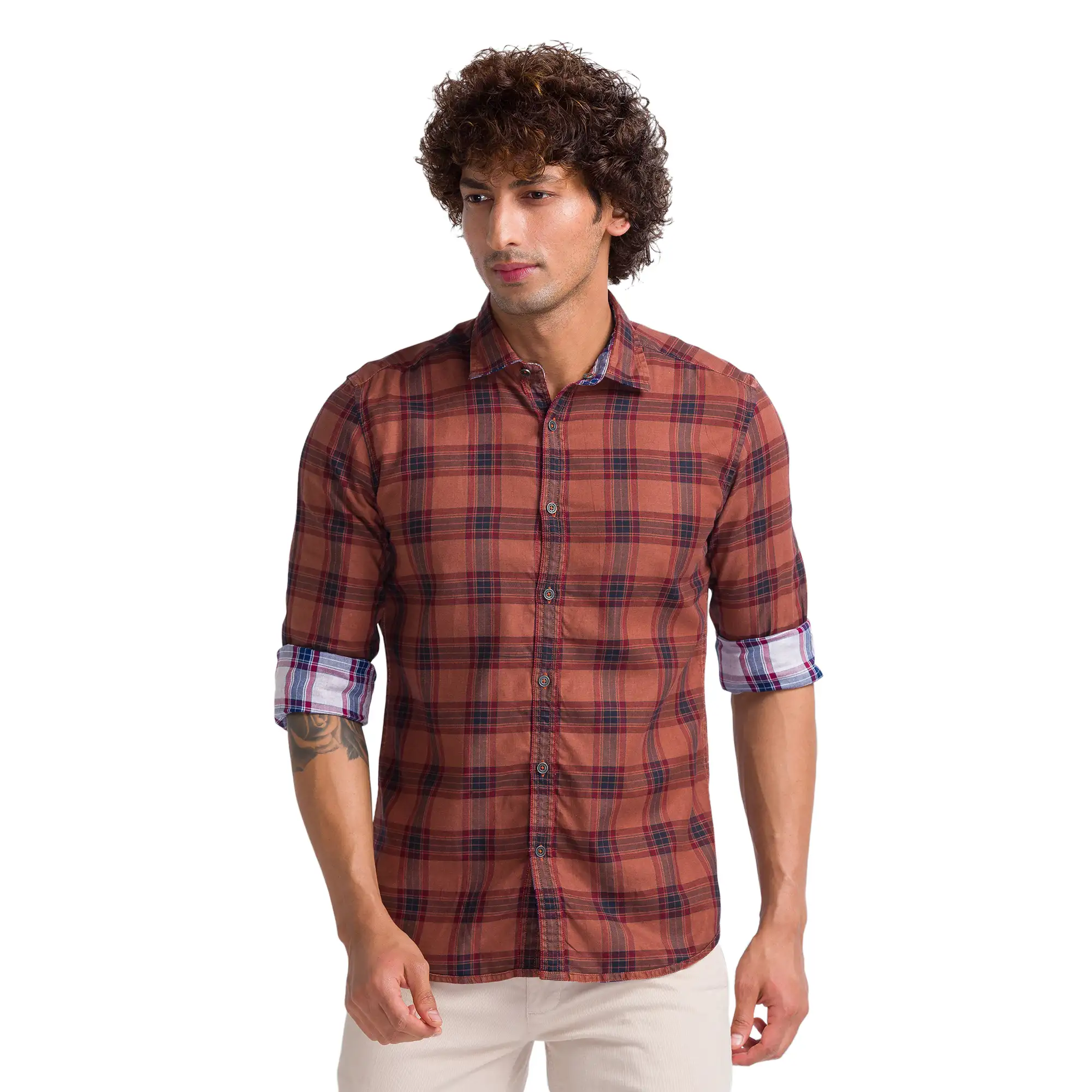 Men Brown Slim Fit Yarn Dyed Cotton Shirts