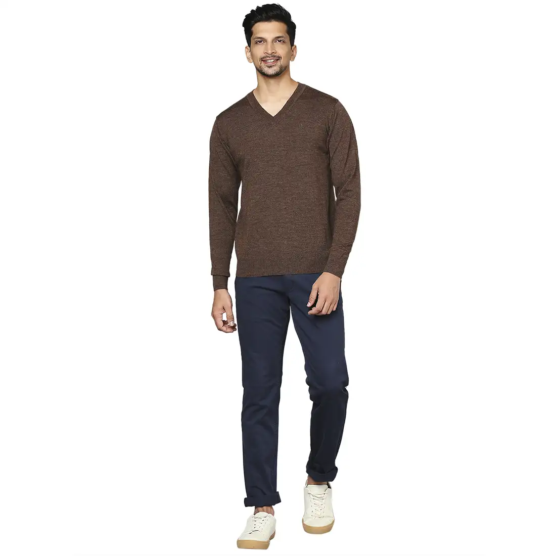 Men Brown Solid Merino Wool Full Sleeve V Neck Collar Sweaters - Image 5