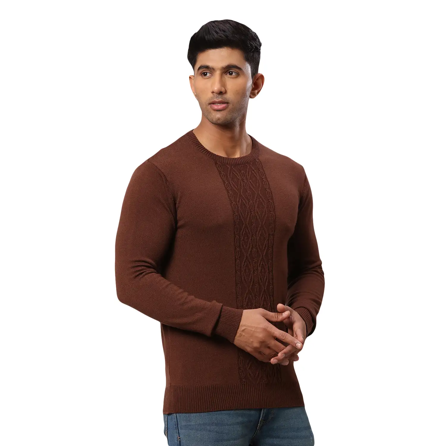 Men Brown Structure Cable Acrylic Wool Blend Round Collar Sweaters - Image 2