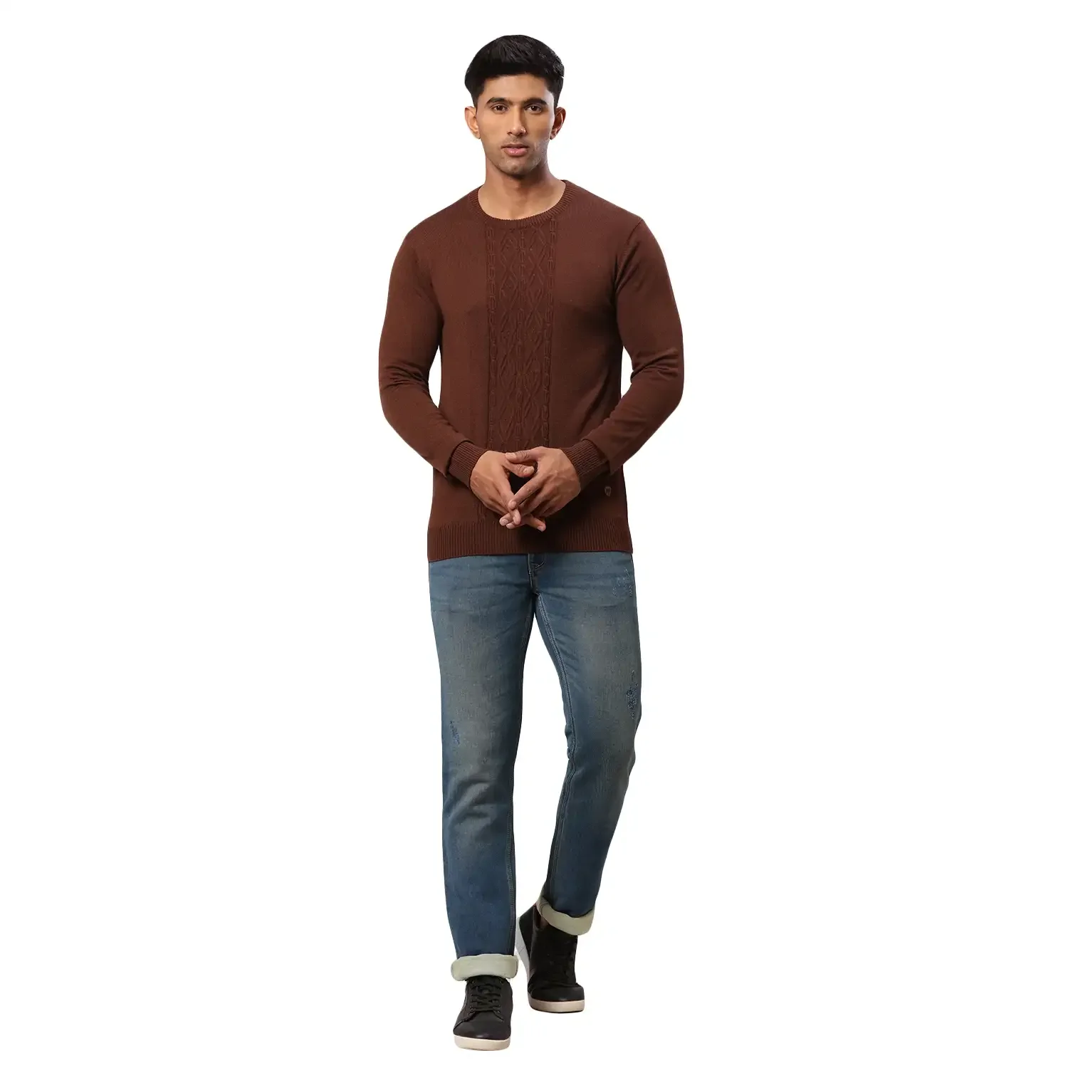 Men Brown Structure Cable Acrylic Wool Blend Round Collar Sweaters - Image 5