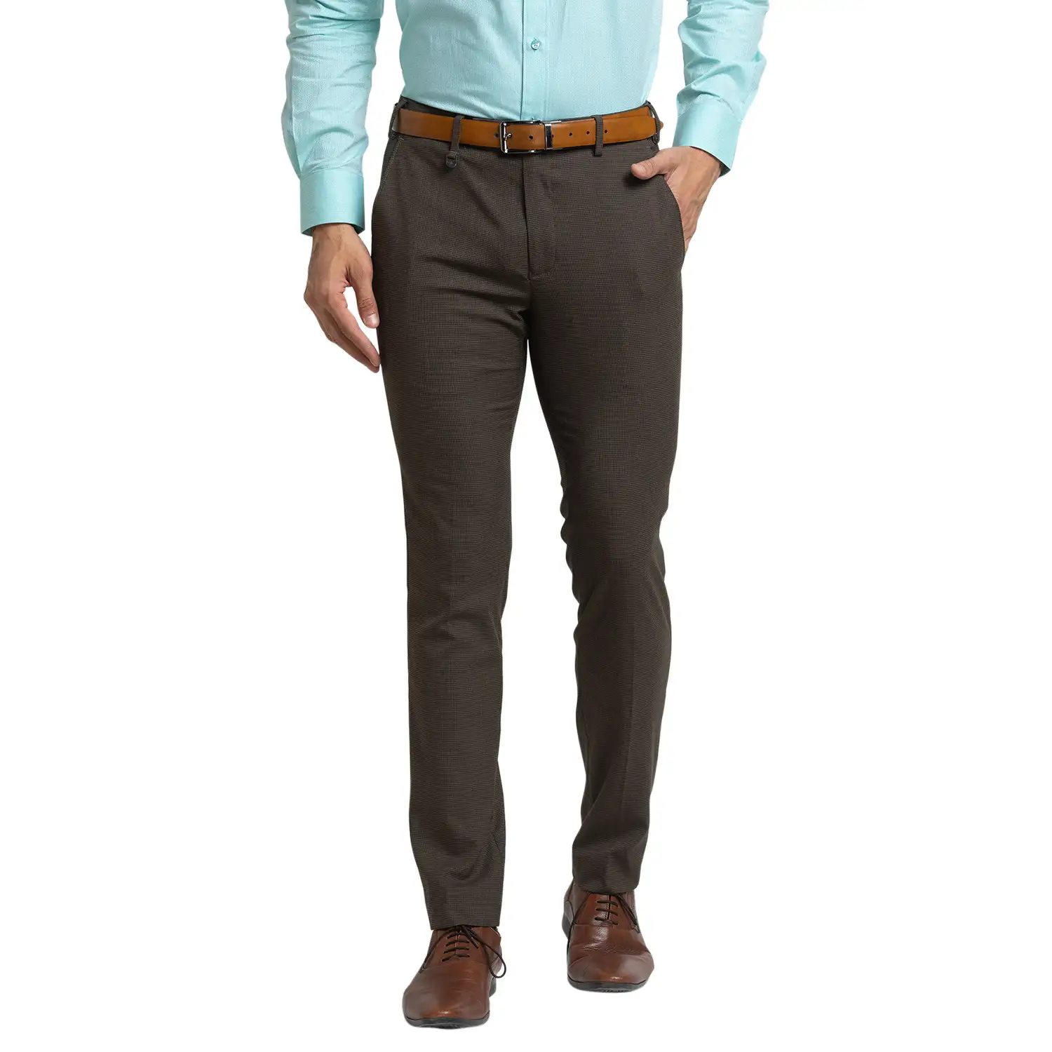 Men Brown Super Slim Fit Houndstooth Polyester Blend Trouser