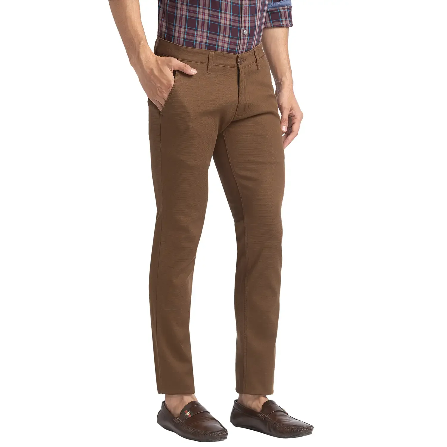 Men Brown Super Slim Fit Solid Cotton Blend Trouser - Image 2