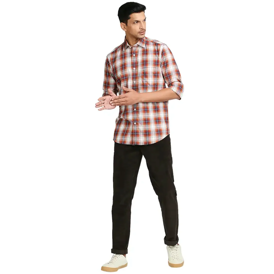 Men Brown Tailored Fit Checks Cotton Blend Full Sleeve Shirts - Image 5