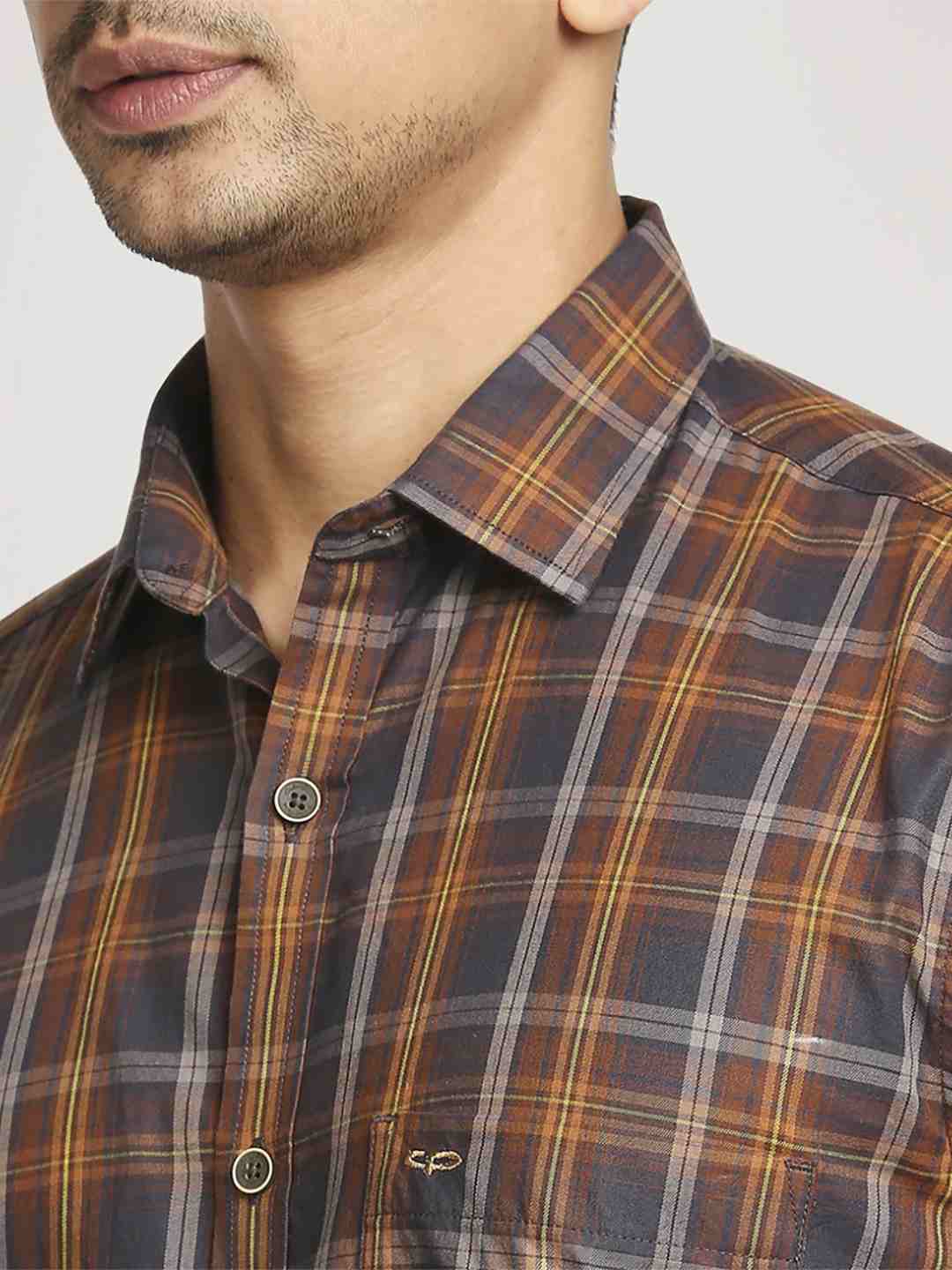 Men Brown Tailored Fit Checks Cotton Full Sleeve Shirts