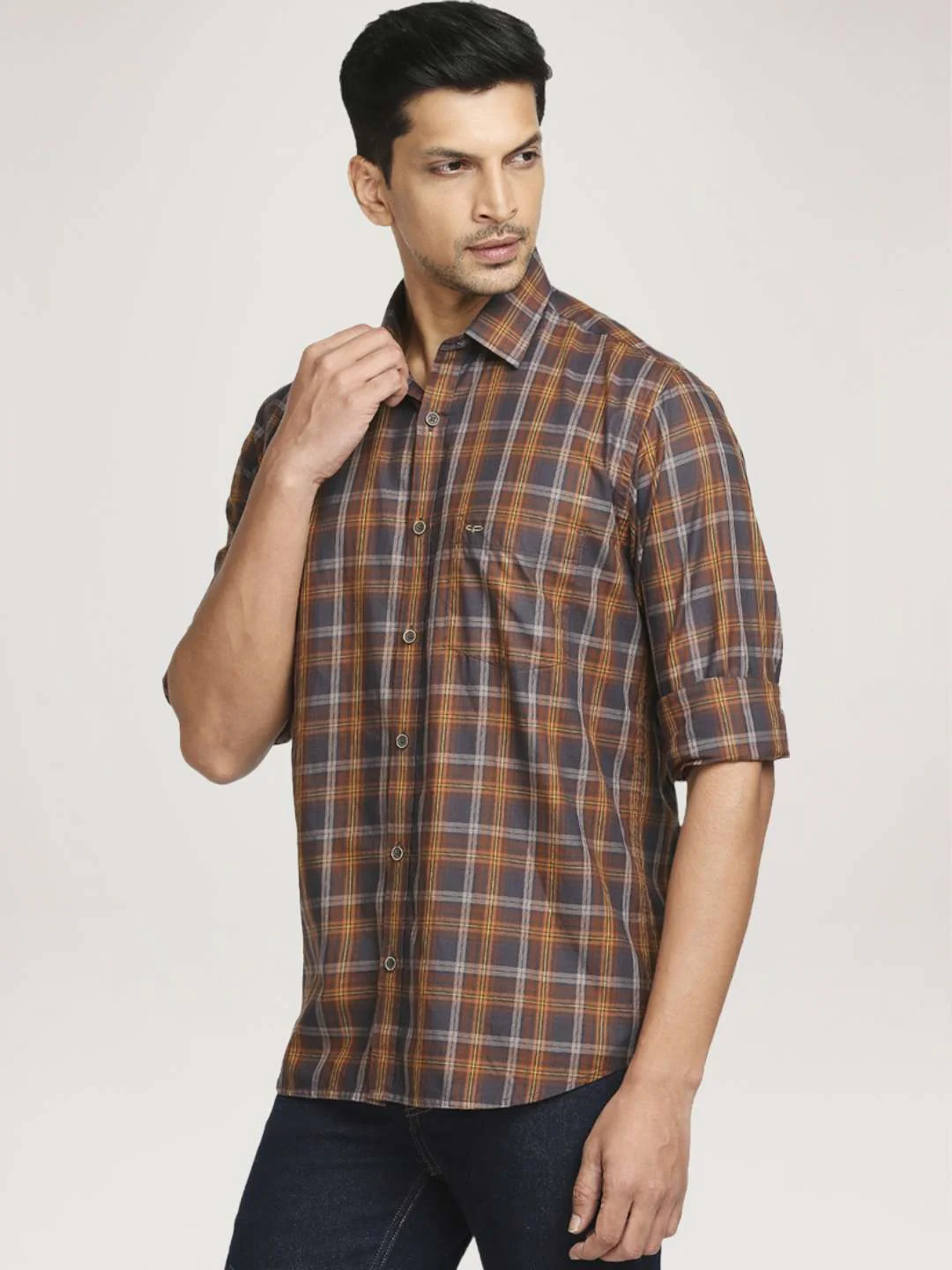 Men Brown Tailored Fit Checks Cotton Full Sleeve Shirts - Image 4