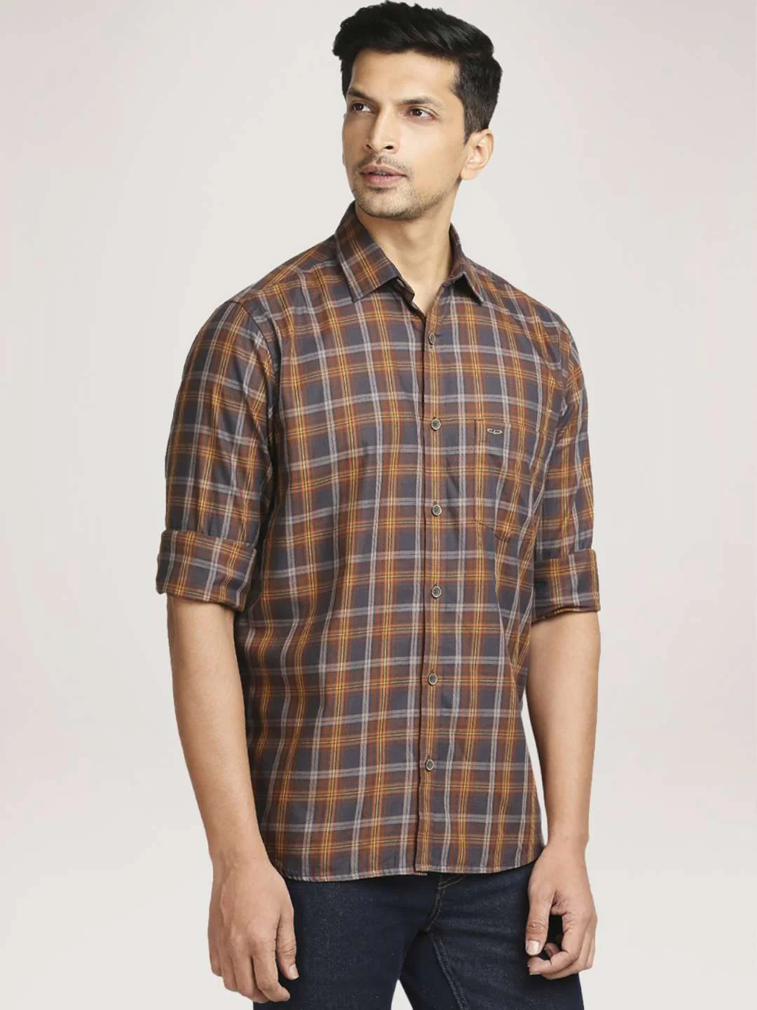 Men Brown Tailored Fit Checks Cotton Full Sleeve Shirts - Image 5
